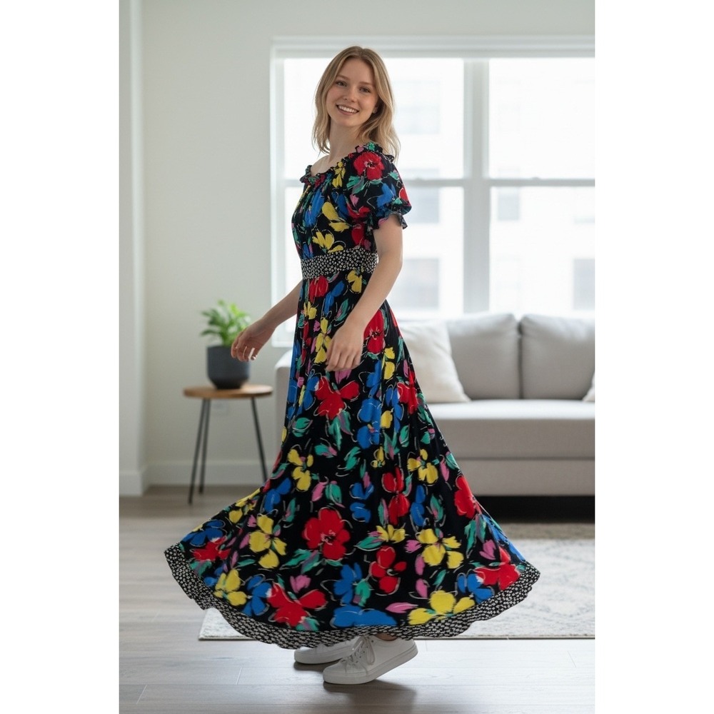 RIXO Floral Maxi Dress Puff Sleeve Polka Dot Trim Multi Color Womens Size‎ 6 - Picture 3 of 3